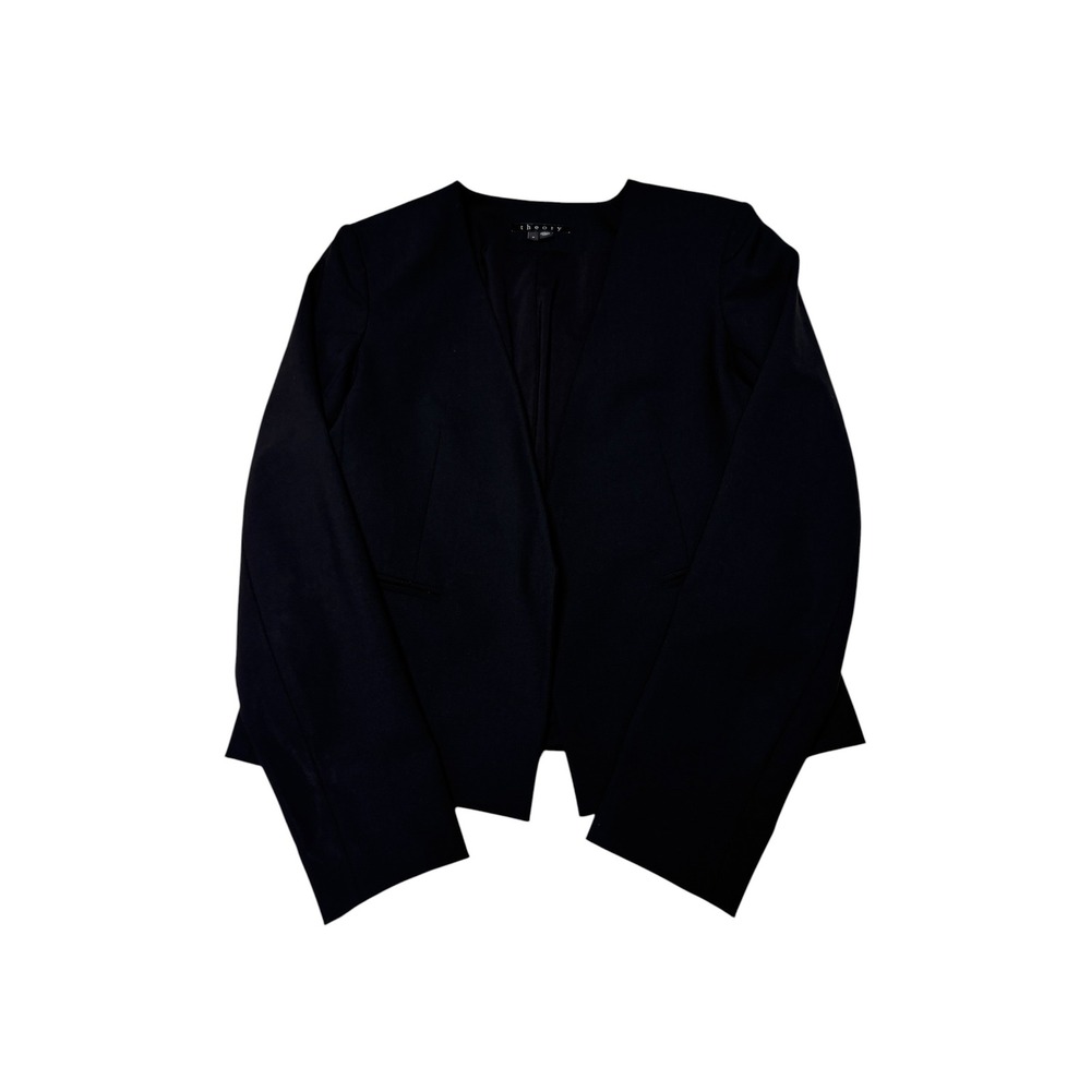 Theory Delaven Edition Navy Blue Virgin Wool Collarless Blazer Womens 6 made USA